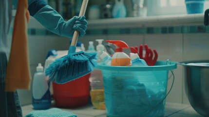 Person mopping the kitchen counter, domestic scene