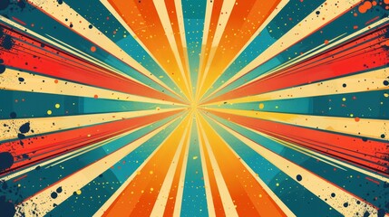 Colorful retro burst background with vibrant radial lines in warm and cool tones, ideal for vintage-themed designs and posters.