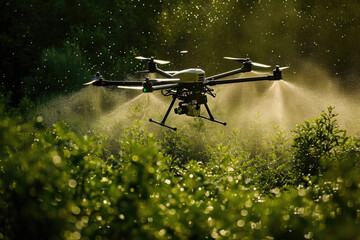 Aerial application of water on a grassy area, suitable for agriculture or landscape maintenance