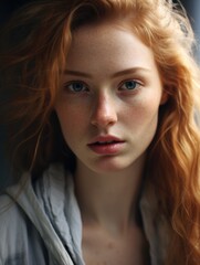 Naklejka premium A close-up portrait of a woman with bright red hair, looking directly at the camera