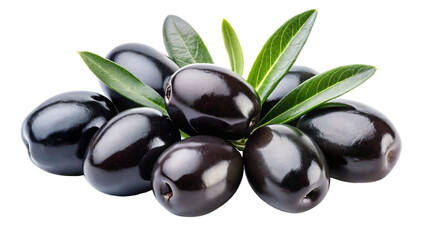 Close-up of black olives, some with leaves, isolated on a white background