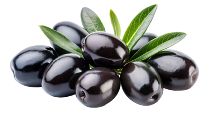 Close-up of black olives, some with leaves, isolated on a white background