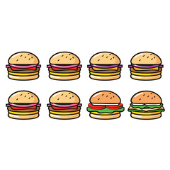 Nine cartoonstyle cheeseburgers aligned three rows isolated white background. Colorful cheeseburgers featuring sesame seed buns, cheese, patties, lettuce, tomatoes. Simplistic playful fast food