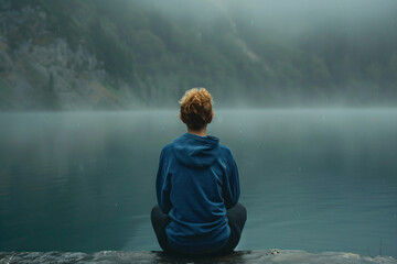 Obraz premium a person sitting on a rock looking out over a lake