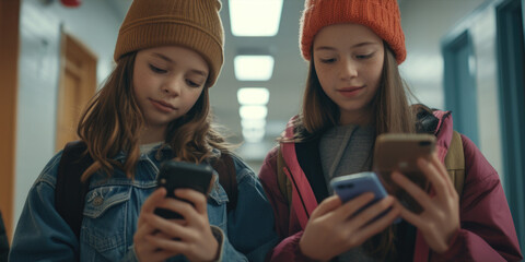Fototapeta premium Two young girls checking their mobile devices