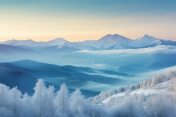 A panoramic view of a mountain range with a few trees in the foreground, suitable for use in travel or outdoor adventure contexts