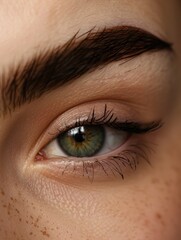 A detailed view of a human eye featuring freckles, suitable for use in medical or beauty-related contexts