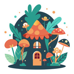 Whimsical fairy forest with glowing mushrooms, fluttering fairies, and a magical treehouse, in a colorful and enchanting style