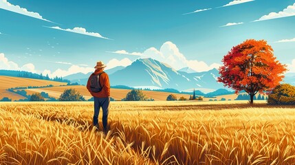 Fototapeta premium The farmer is harvesting wheat in the field, with trees nearby and mountains in the distance