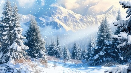 A serene snowy mountain landscape with towering trees and snow-covered peaks