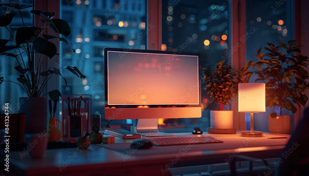 Aufkleber An PC computer with a blank screen on an office desk at night time, light from the computer and lamp illuminating the room. Generative AI.