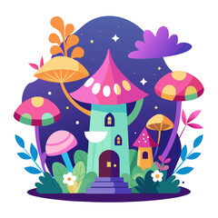 Whimsical fairy forest with glowing mushrooms, fluttering fairies, and a magical treehouse, in a colorful and enchanting style