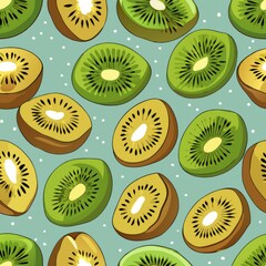 Fototapeta premium Seamless pattern of hand-drawn kiwis with fuzzy skins and detailed cross-sections showing the seeds, Generative AI