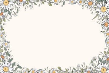 Hand Drawn Daisy Leaf and Flowers Frame Background