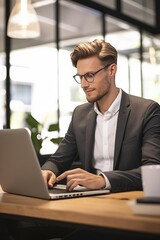 A person sitting at a desk with a laptop, ideal for use in office or educational settings