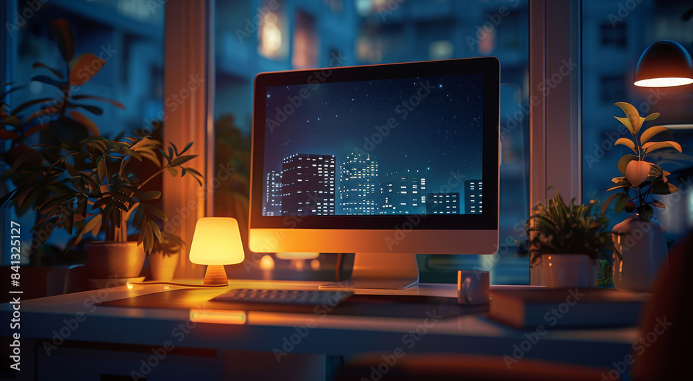 Aufkleber An PC computer with a blank screen on an office desk at night time, light from the computer and lamp illuminating the room. Generative AI.