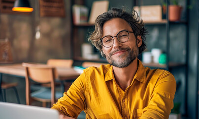 Obraz premium Cheerful CEO in Yellow Shirt with Glasses Smiling in Modern Office, Relaxing After Workday, Positive Mood, Corporate Professional, Daylight