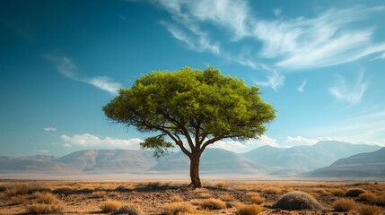 Fototapeta premium 1. Generate an image depicting a lone tree standing tall in a vast desert landscape, symbolizing the virtue of patience amidst adversity.