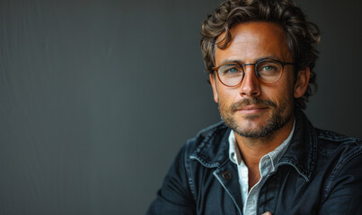 Obraz premium Confident Business Leader in Black Jacket and Glasses Posing Against Gray Background, Professional Portrait for Corporate Profile, Daylight Setting, Concept of Leadership and Executive Presence