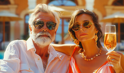 Senior Couple Relaxing with Prosecco in Luxurious Poolside Setting During Golden Hour, Enjoying Leisure and Relaxation, Celebrating Romantic Moment Together, Wearing Sunglasses, Summer Vacation Vibe