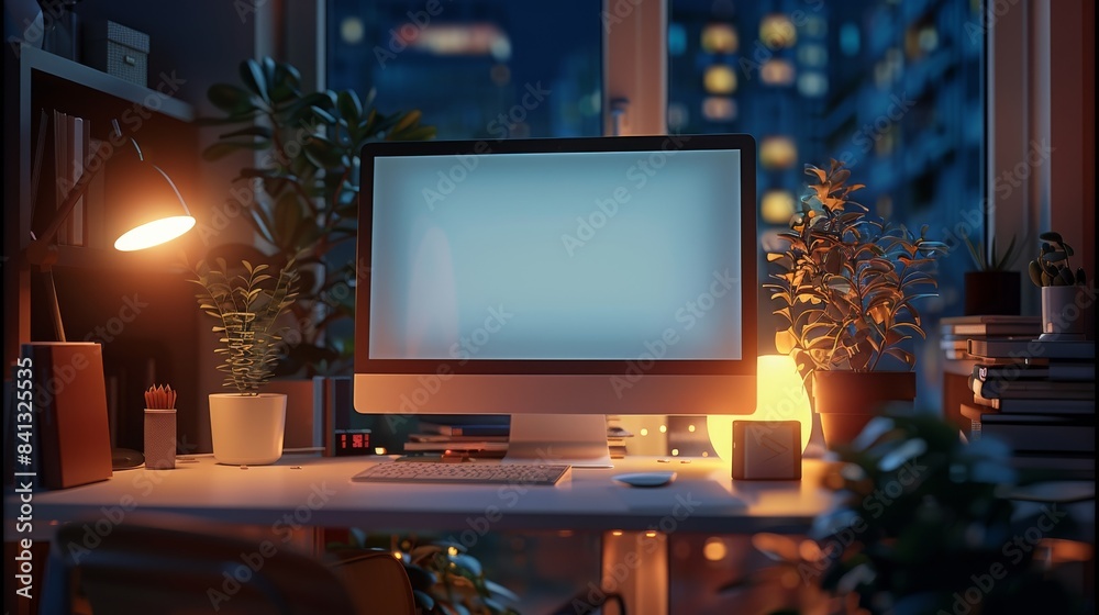 Poster an pc computer with a blank screen on an office desk at night time, light from the computer and lamp