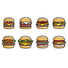 Row cartoon hamburgers, varying cheeseburger designs indicated different toppings cheese placement. Fast food cartoon cheeseburgers, colorful toppings, sesame seed buns, cheese melting elements