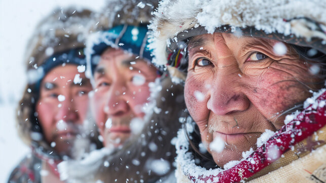 Close up portrait of an Inuit Tribe member, focusing on his expressionless face and details of his traditional costume, frozen ice background with sparkling snow, Ai generated Images