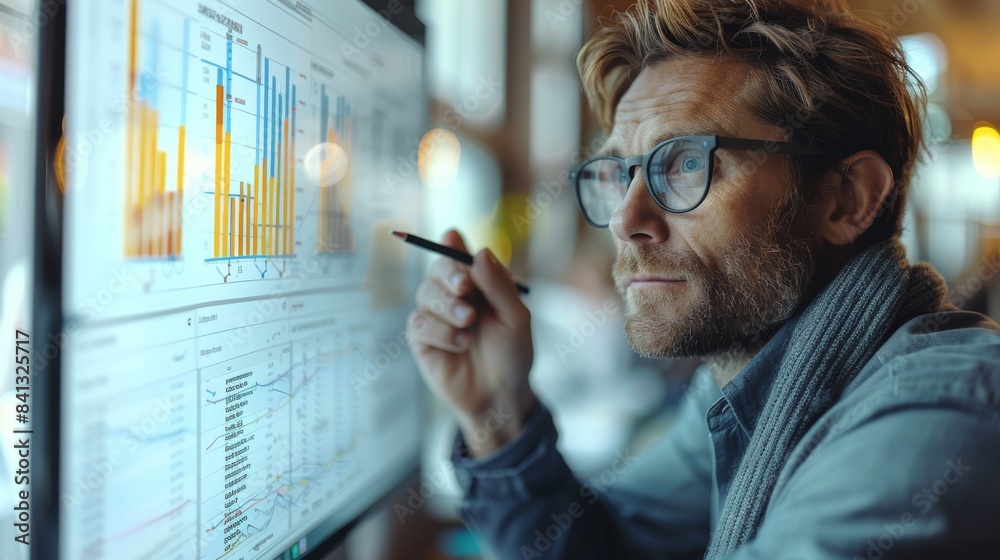 Leinwandbilder man in glasses with a pen at a board with graphs. generative ai.
