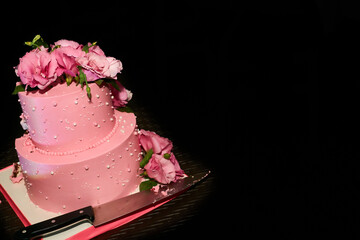 Cutting a delicious pink wedding birthday cake on a serving table 