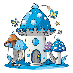 Whimsical fairy forest with glowing mushrooms, fluttering fairies, and a magical treehouse, in a colorful and enchanting style