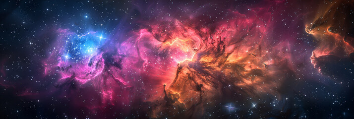 Fototapeta premium Vibrant cosmic nebula in deep space with swirling colors and sparkling stars, showcasing the beauty and grandeur of the universe in a mesmerizing, celestial scene..