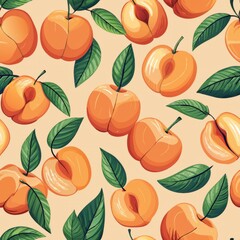 Seamless pattern of hand-drawn peaches with subtle shading to highlight their fuzziness and soft leaves, Generative AI