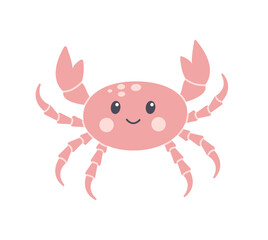 Flat vector illustration in children's style. Cute crab with smiling face on white background