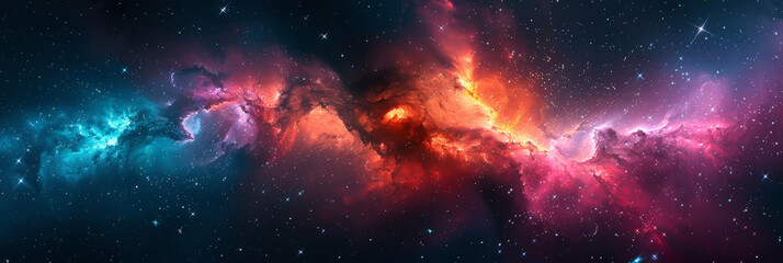 Fototapeta premium Vibrant cosmic nebula in deep space with swirling colors and sparkling stars, showcasing the beauty and grandeur of the universe in a mesmerizing, celestial scene..