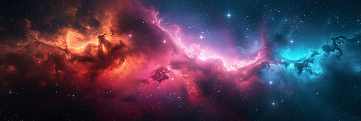 Obraz premium Vibrant cosmic nebula in deep space with swirling colors and sparkling stars, showcasing the beauty and grandeur of the universe in a mesmerizing, celestial scene..