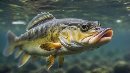 An up-close view of a walleye fish submerged in a freshwater lake