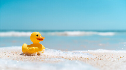 Obraz premium Beach with yellow duck toy in sunny day. Summer holiday illustration