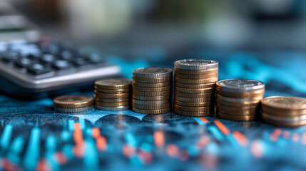 Piles of coins and upward arrows on a blue background, depicting a digital concept of financial growth in the style of a business stock photo. A calculator is included in the style.