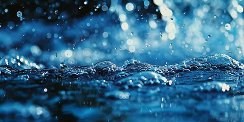 Close-up of water splashing with droplets suspended in mid-air, capturing the dynamic and refreshing essence of water in motion under natural light..