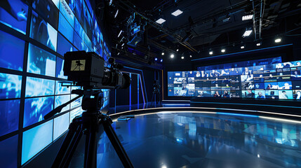 Professional Broadcast Studio with Three LED Walls and Camera Setup