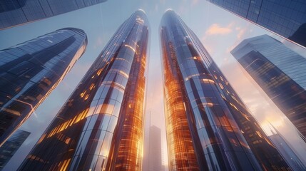 Modern skyscrapers with glowing reflections at sunset, showcasing architectural marvel and urban development.