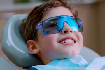 boy wearing dental protective blue glasses smiling while lying in the dentist chair, waiting for teeth cleaning at children's clinic during medical checkup