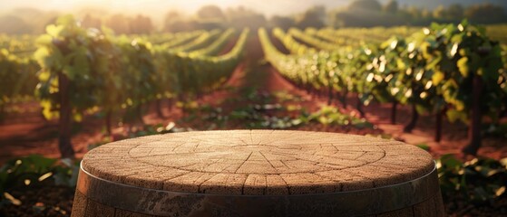 Scenic vineyard at sunrise with rustic barrel foreground, perfect for wine tasting, agriculture, and nature-themed projects.