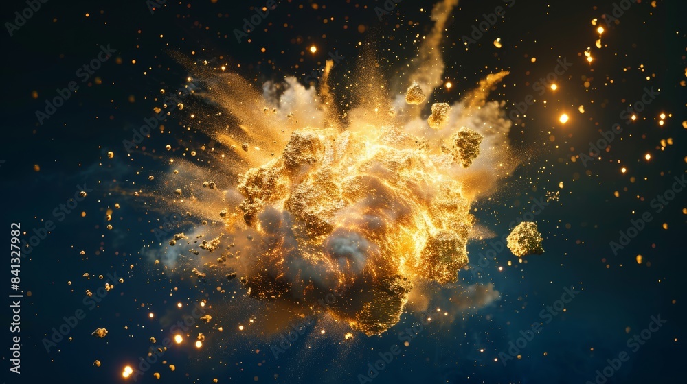 Poster portrayal of a gold explosion with glowing particles transforming into a radiant cloud of light, rem