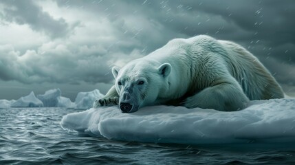 Naklejka premium portrayal of a polar bear stranded on a shrinking ice floe, with a look of desperation in its eyes.