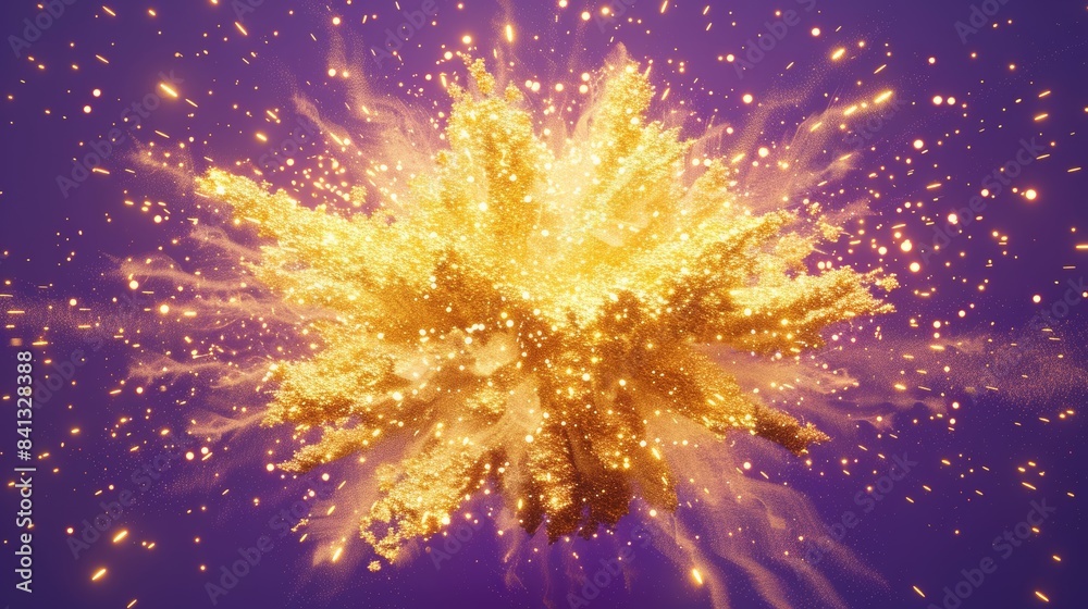 Aufkleber A photorealistic rendering of a gold explosion with glowing particles dispersing in all directions, creating a radiant burst of energy against a clean purple background.