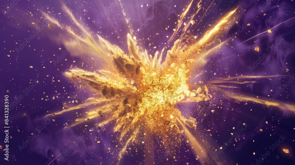 Poster A photorealistic rendering of a gold explosion with glowing particles dispersing in all directions, creating a radiant burst of energy against a clean purple background.