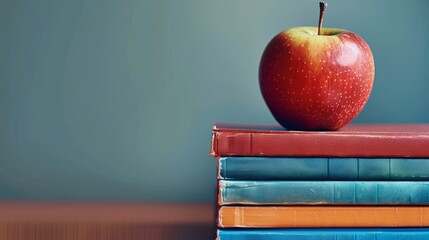 Stack of colorful books, apple on top, school theme, empty space. Generative AI. - Powered by Adobe