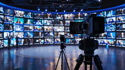 Professional Broadcast Studio with Three LED Walls and Camera Setup