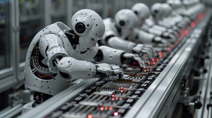 Robotic Arms on High-Tech Production Line. Row of robotic arms working on a high-tech production line, assembling intricate components with red indicator lights glowing.